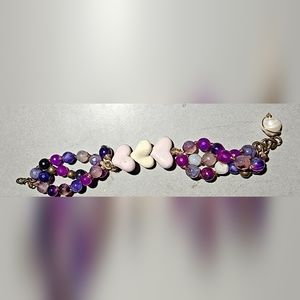 Unique vintage 3 pink hearts purple beaded bracelet OOAK